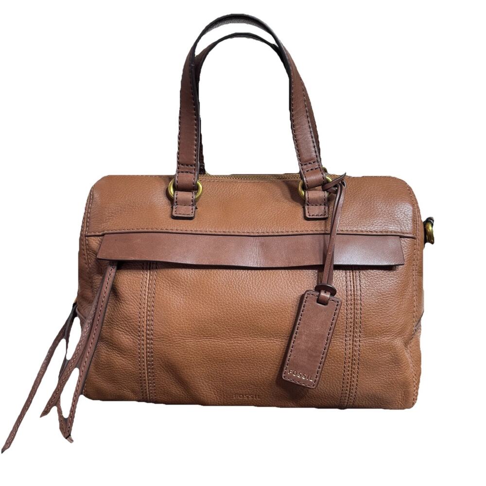 Fossil Leather Satchel Brown Cognac Crossbody Shoulder Bag Medium Cowhide